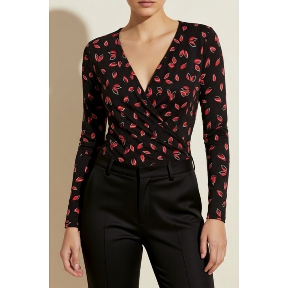 NWT Express Petal Print Surplice Thong Bodysuit Black Women's XS